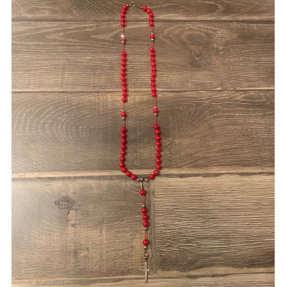 European red bead anthracite stone cross necklace